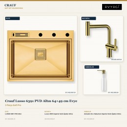 Crauf Lusso 6391 PVD Altın 64×49 cm Evye + Lusso 4035 Batarya + Aynı Renk Sabunluk | 3 Parça Soft Pro