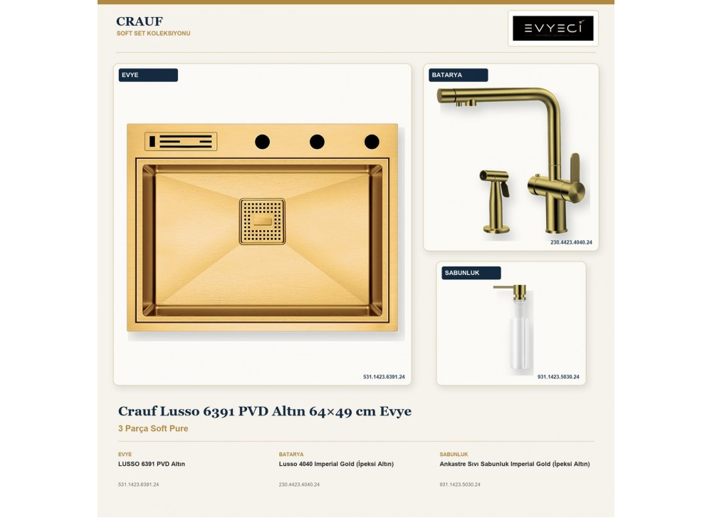 Crauf Lusso 6391 PVD Altın 64×49 cm Evye + Lusso 4040 Batarya + Aynı Renk Sabunluk | 3 Parça Soft Pure Crauf Lusso 6391 PVD Altın 64×49 cm Evye + Lusso 4040 Batarya + Aynı Renk Sabunluk | 3 Parça Soft Pure