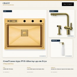 Crauf Lusso 6391 PVD Altın 64×49 cm Evye + Lusso 4040 Batarya + Aynı Renk Sabunluk | 3 Parça Soft Pure