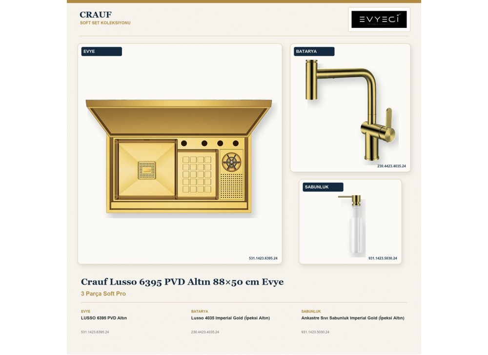 Crauf Lusso 6395 PVD Altın 88×50 cm Evye + Lusso 4035 Batarya + Aynı Renk Sabunluk | 3 Parça Soft Pro Crauf Lusso 6395 PVD Altın 88×50 cm Evye + Lusso 4035 Batarya + Aynı Renk Sabunluk | 3 Parça Soft Pro