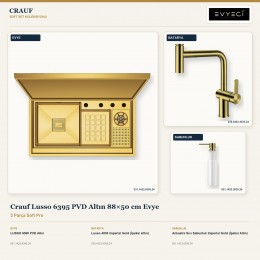 Crauf Lusso 6395 PVD Altın 88×50 cm Evye + Lusso 4035 Batarya + Aynı Renk Sabunluk | 3 Parça Soft Pro