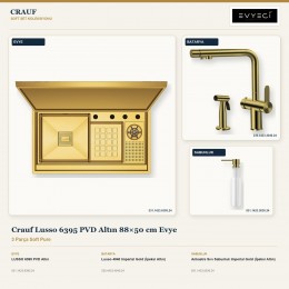 Crauf Lusso 6395 PVD Altın 88×50 cm Evye + Lusso 4040 Batarya + Aynı Renk Sabunluk | 3 Parça Soft Pure