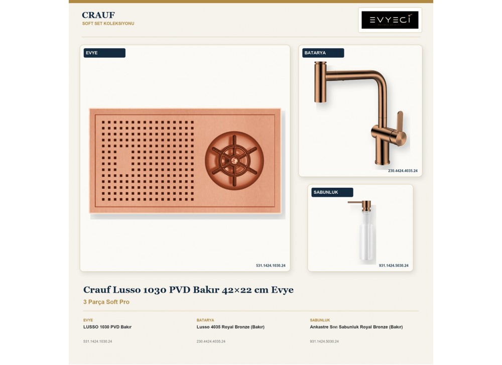 Crauf Lusso 1030 PVD Bakır 42×22 cm Evye + Lusso 4035 Batarya + Aynı Renk Sabunluk | 3 Parça Soft Pro Crauf Lusso 1030 PVD Bakır 42×22 cm Evye + Lusso 4035 Batarya + Aynı Renk Sabunluk | 3 Parça Soft Pro