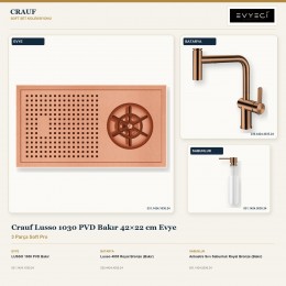 Crauf Lusso 1030 PVD Bakır 42×22 cm Evye + Lusso 4035 Batarya + Aynı Renk Sabunluk | 3 Parça Soft Pro
