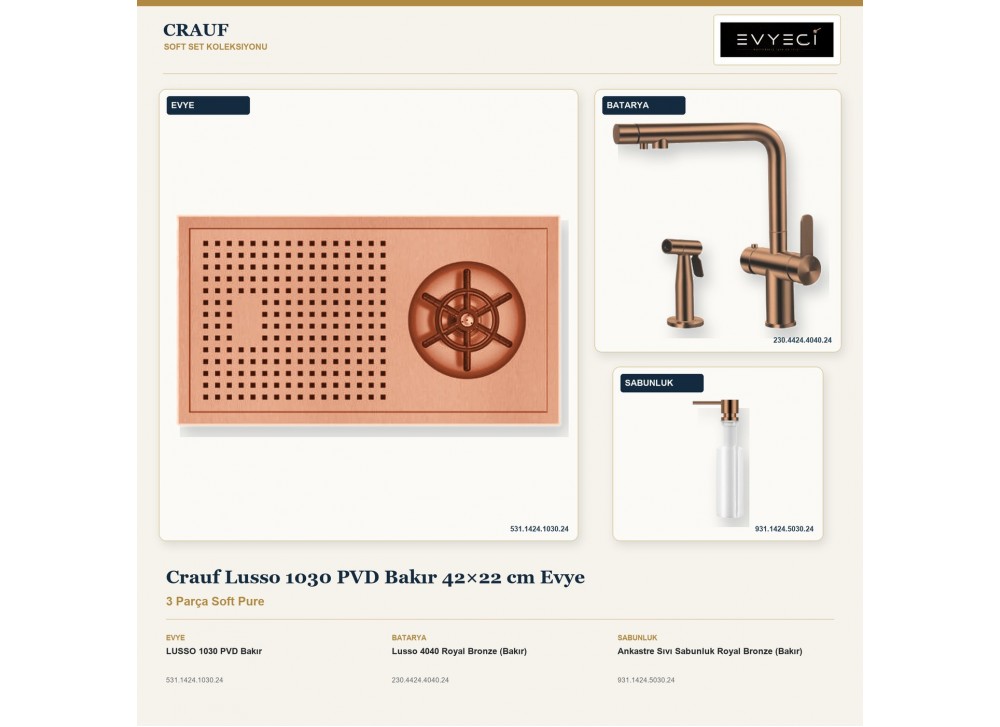 Crauf Lusso 1030 PVD Bakır 42×22 cm Evye + Lusso 4040 Batarya + Aynı Renk Sabunluk | 3 Parça Soft Pure Crauf Lusso 1030 PVD Bakır 42×22 cm Evye + Lusso 4040 Batarya + Aynı Renk Sabunluk | 3 Parça Soft Pure