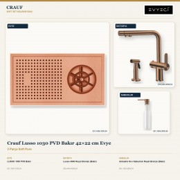 Crauf Lusso 1030 PVD Bakır 42×22 cm Evye + Lusso 4040 Batarya + Aynı Renk Sabunluk | 3 Parça Soft Pure