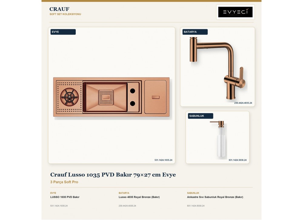 Crauf Lusso 1035 PVD Bakır 79×27 cm Evye + Lusso 4035 Batarya + Aynı Renk Sabunluk | 3 Parça Soft Pro