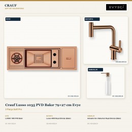 Crauf Lusso 1035 PVD Bakır 79×27 cm Evye + Lusso 4035 Batarya + Aynı Renk Sabunluk | 3 Parça Soft Pro