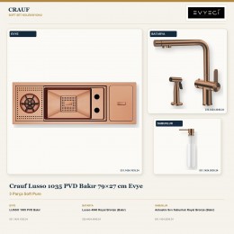 Crauf Lusso 1035 PVD Bakır 79×27 cm Evye + Lusso 4040 Batarya + Aynı Renk Sabunluk | 3 Parça Soft Pure