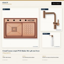 Crauf Lusso 1056 PVD Bakır 86×48 cm Evye + Lusso 4035 Batarya + Aynı Renk Sabunluk | 3 Parça Soft Pro
