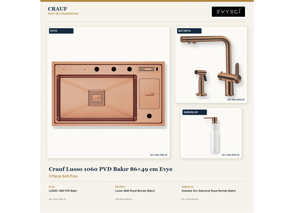Crauf Lusso 1060 PVD Bakır 86×49 cm Evye + Lusso 4040 Batarya + Aynı Renk Sabunluk | 3 Parça Soft Pure Crauf Lusso 1060 PVD Bakır 86×49 cm Evye + Lusso 4040 Batarya + Aynı Renk Sabunluk | 3 Parça Soft Pure