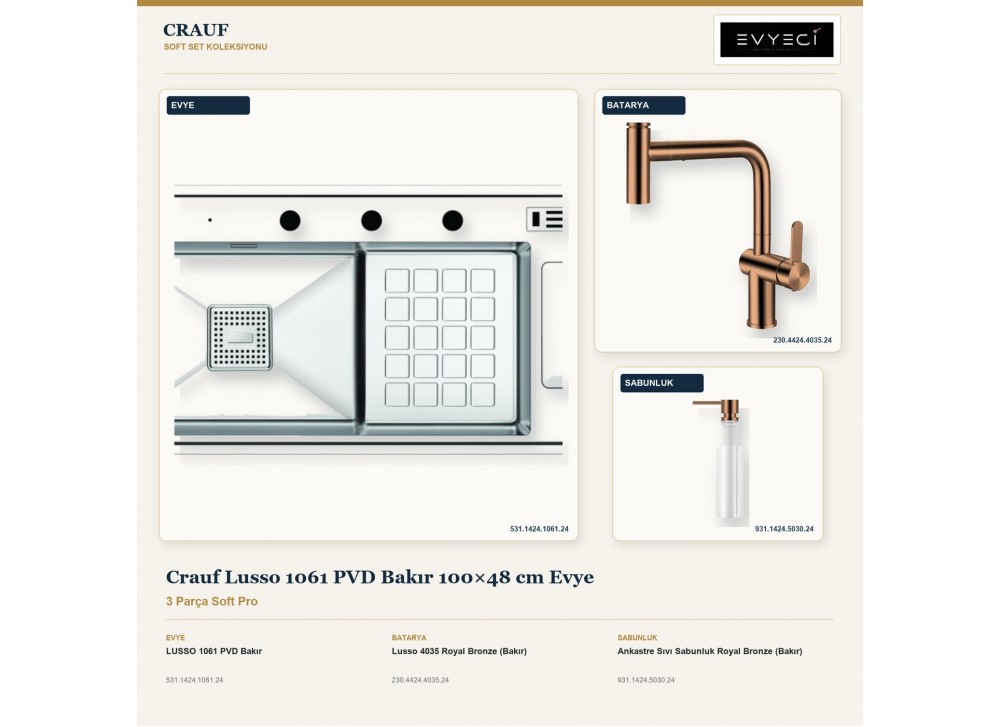 Crauf Lusso 1061 PVD Bakır 100×48 cm Evye + Lusso 4035 Batarya + Aynı Renk Sabunluk | 3 Parça Soft Pro Crauf Lusso 1061 PVD Bakır 100×48 cm Evye + Lusso 4035 Batarya + Aynı Renk Sabunluk | 3 Parça Soft Pro