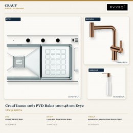 Crauf Lusso 1061 PVD Bakır 100×48 cm Evye + Lusso 4035 Batarya + Aynı Renk Sabunluk | 3 Parça Soft Pro