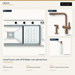 Crauf Lusso 1061 PVD Bakır 100×48 cm Evye + Lusso 4040 Batarya + Aynı Renk Sabunluk | 3 Parça Soft Pure