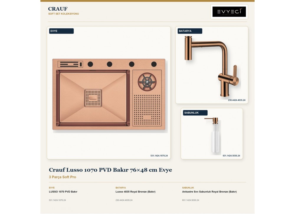 Crauf Lusso 1070 PVD Bakır 76×48 cm Evye + Lusso 4035 Batarya + Aynı Renk Sabunluk | 3 Parça Soft Pro Crauf Lusso 1070 PVD Bakır 76×48 cm Evye + Lusso 4035 Batarya + Aynı Renk Sabunluk | 3 Parça Soft Pro