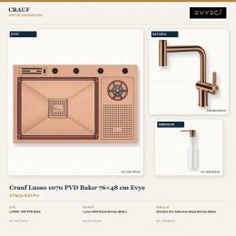 Crauf Lusso 1070 PVD Bakır 76×48 cm Evye + Lusso 4035 Batarya + Aynı Renk Sabunluk | 3 Parça Soft Pro