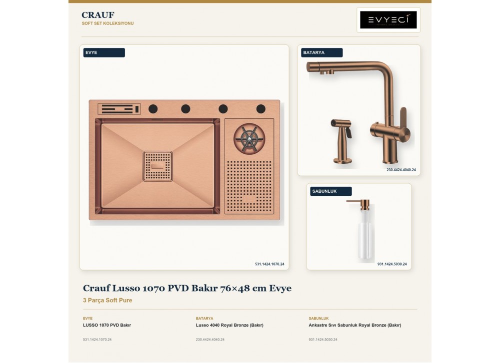 Crauf Lusso 1070 PVD Bakır 76×48 cm Evye + Lusso 4040 Batarya + Aynı Renk Sabunluk | 3 Parça Soft Pure Crauf Lusso 1070 PVD Bakır 76×48 cm Evye + Lusso 4040 Batarya + Aynı Renk Sabunluk | 3 Parça Soft Pure