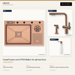 Crauf Lusso 1070 PVD Bakır 76×48 cm Evye + Lusso 4040 Batarya + Aynı Renk Sabunluk | 3 Parça Soft Pure