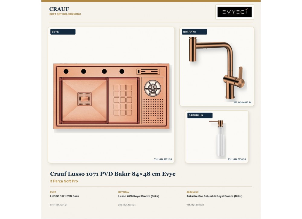 Crauf Lusso 1071 PVD Bakır 84×48 cm Evye + Lusso 4035 Batarya + Aynı Renk Sabunluk | 3 Parça Soft Pro Crauf Lusso 1071 PVD Bakır 84×48 cm Evye + Lusso 4035 Batarya + Aynı Renk Sabunluk | 3 Parça Soft Pro