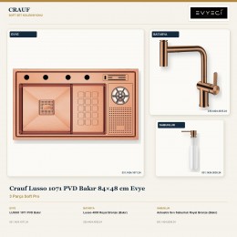 Crauf Lusso 1071 PVD Bakır 84×48 cm Evye + Lusso 4035 Batarya + Aynı Renk Sabunluk | 3 Parça Soft Pro