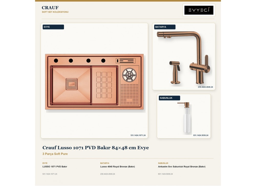 Crauf Lusso 1071 PVD Bakır 84×48 cm Evye + Lusso 4040 Batarya + Aynı Renk Sabunluk | 3 Parça Soft Pure Crauf Lusso 1071 PVD Bakır 84×48 cm Evye + Lusso 4040 Batarya + Aynı Renk Sabunluk | 3 Parça Soft Pure