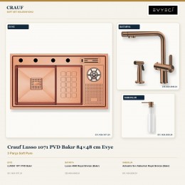 Crauf Lusso 1071 PVD Bakır 84×48 cm Evye + Lusso 4040 Batarya + Aynı Renk Sabunluk | 3 Parça Soft Pure