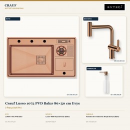 Crauf Lusso 1072 PVD Bakır 86×50 cm Evye + Lusso 4035 Batarya + Aynı Renk Sabunluk | 3 Parça Soft Pro