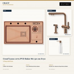 Crauf Lusso 1072 PVD Bakır 86×50 cm Evye + Lusso 4040 Batarya + Aynı Renk Sabunluk | 3 Parça Soft Pure