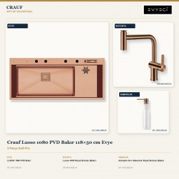 Crauf Lusso 1080 PVD Bakır 118×50 cm Evye + Lusso 4035 Batarya + Aynı Renk Sabunluk | 3 Parça Soft Pro
