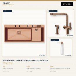 Crauf Lusso 1080 PVD Bakır 118×50 cm Evye + Lusso 4040 Batarya + Aynı Renk Sabunluk | 3 Parça Soft Pure