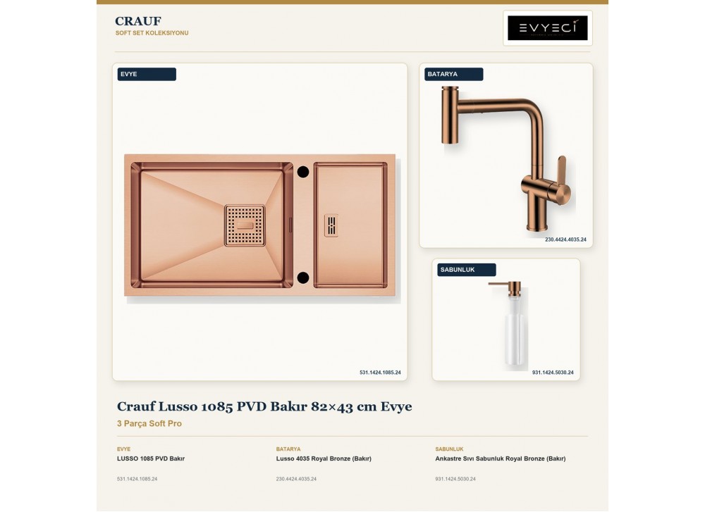 Crauf Lusso 1085 PVD Bakır 82×43 cm Evye + Lusso 4035 Batarya + Aynı Renk Sabunluk | 3 Parça Soft Pro Crauf Lusso 1085 PVD Bakır 82×43 cm Evye + Lusso 4035 Batarya + Aynı Renk Sabunluk | 3 Parça Soft Pro