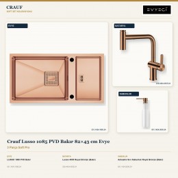 Crauf Lusso 1085 PVD Bakır 82×43 cm Evye + Lusso 4035 Batarya + Aynı Renk Sabunluk | 3 Parça Soft Pro