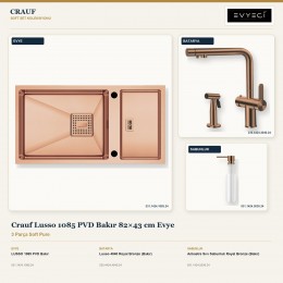 Crauf Lusso 1085 PVD Bakır 82×43 cm Evye + Lusso 4040 Batarya + Aynı Renk Sabunluk | 3 Parça Soft Pure