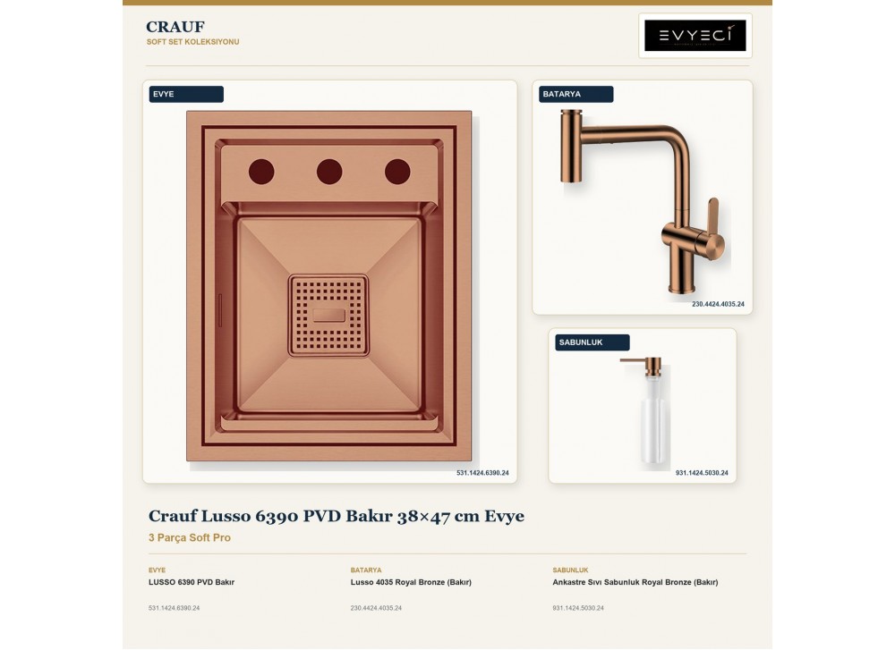 Crauf Lusso 6390 PVD Bakır 38×47 cm Evye + Lusso 4035 Batarya + Aynı Renk Sabunluk | 3 Parça Soft Pro Crauf Lusso 6390 PVD Bakır 38×47 cm Evye + Lusso 4035 Batarya + Aynı Renk Sabunluk | 3 Parça Soft Pro