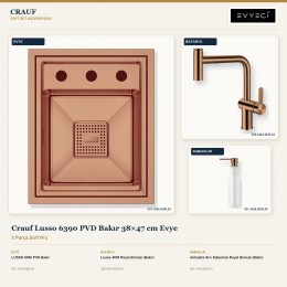 Crauf Lusso 6390 PVD Bakır 38×47 cm Evye + Lusso 4035 Batarya + Aynı Renk Sabunluk | 3 Parça Soft Pro