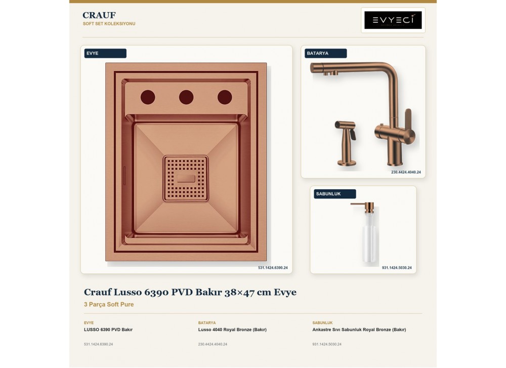Crauf Lusso 6390 PVD Bakır 38×47 cm Evye + Lusso 4040 Batarya + Aynı Renk Sabunluk | 3 Parça Soft Pure Crauf Lusso 6390 PVD Bakır 38×47 cm Evye + Lusso 4040 Batarya + Aynı Renk Sabunluk | 3 Parça Soft Pure