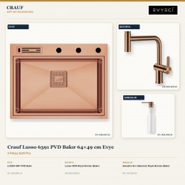 Crauf Lusso 6391 PVD Bakır 64×49 cm Evye + Lusso 4035 Batarya + Aynı Renk Sabunluk | 3 Parça Soft Pro