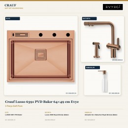 Crauf Lusso 6391 PVD Bakır 64×49 cm Evye + Lusso 4040 Batarya + Aynı Renk Sabunluk | 3 Parça Soft Pure