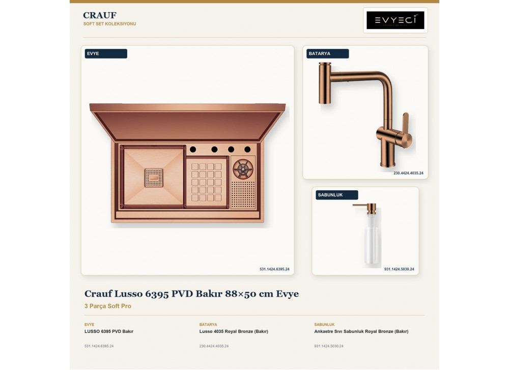 Crauf Lusso 6395 PVD Bakır 88×50 cm Evye + Lusso 4035 Batarya + Aynı Renk Sabunluk | 3 Parça Soft Pro Crauf Lusso 6395 PVD Bakır 88×50 cm Evye + Lusso 4035 Batarya + Aynı Renk Sabunluk | 3 Parça Soft Pro
