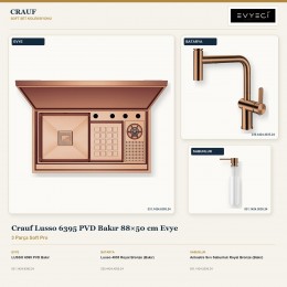 Crauf Lusso 6395 PVD Bakır 88×50 cm Evye + Lusso 4035 Batarya + Aynı Renk Sabunluk | 3 Parça Soft Pro