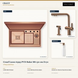 Crauf Lusso 6395 PVD Bakır 88×50 cm Evye + Lusso 4040 Batarya + Aynı Renk Sabunluk | 3 Parça Soft Pure