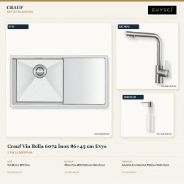 Crauf Via Bella 6072 İnox 86×45 cm Evye + Attivo Pure 4065 Batarya + Aynı Renk Sabunluk | 3 Parça Soft Pure