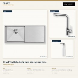 Crauf Via Bella 6074 İnox 100×45 cm Evye + Attivo Pure 4065 Batarya + Aynı Renk Sabunluk | 3 Parça Soft Pure
