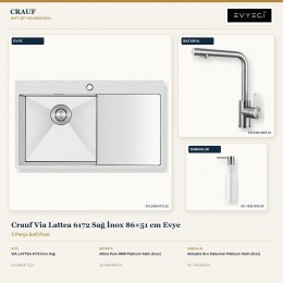 Crauf Via Lattea 6172 Sağ İnox 86×51 cm Evye + Attivo Pure 4065 Batarya + Aynı Renk Sabunluk | 3 Parça Soft Pure
