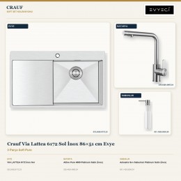 Crauf Via Lattea 6172 Sol İnox 86×51 cm Evye + Attivo Pure 4065 Batarya + Aynı Renk Sabunluk | 3 Parça Soft Pure