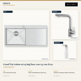 Crauf Via Lattea 6174 Sağ İnox 100×51 cm Evye + Attivo Pure 4065 Batarya + Aynı Renk Sabunluk | 3 Parça Soft Pure