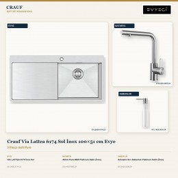 Crauf Via Lattea 6174 Sol İnox 100×51 cm Evye + Attivo Pure 4065 Batarya + Aynı Renk Sabunluk | 3 Parça Soft Pure