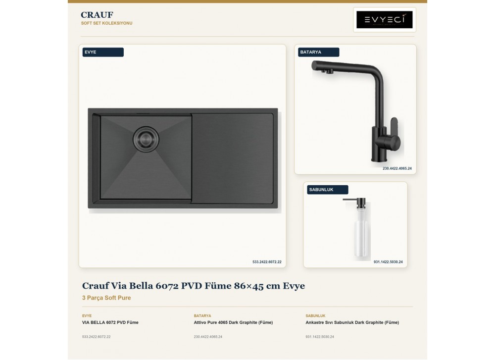 Crauf Via Bella 6072 PVD Füme 86×45 cm Evye + Attivo Pure 4065 Batarya + Aynı Renk Sabunluk | 3 Parça Soft Pure Crauf Via Bella 6072 PVD Füme 86×45 cm Evye + Attivo Pure 4065 Batarya + Aynı Renk Sabunluk | 3 Parça Soft Pure