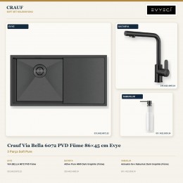 Crauf Via Bella 6072 PVD Füme 86×45 cm Evye + Attivo Pure 4065 Batarya + Aynı Renk Sabunluk | 3 Parça Soft Pure