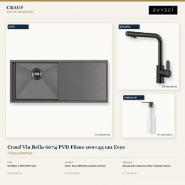 Crauf Via Bella 6074 PVD Füme 100×45 cm Evye + Attivo Pure 4065 Batarya + Aynı Renk Sabunluk | 3 Parça Soft Pure
